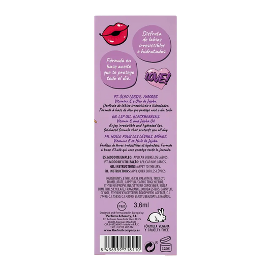 Óleo labial hidratante de amora The Fruit Company com vitamina E e óleo de jojoba