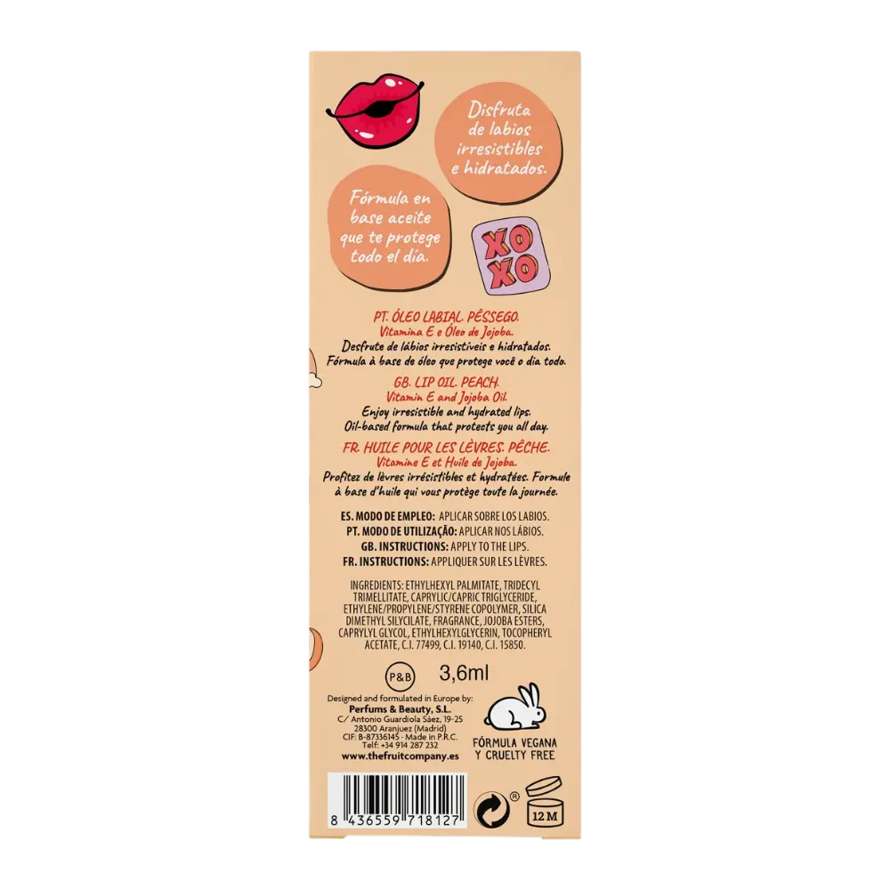 Óleo labial hidratante de pêssego The Fruit Company com vitamina E e óleo de jojoba