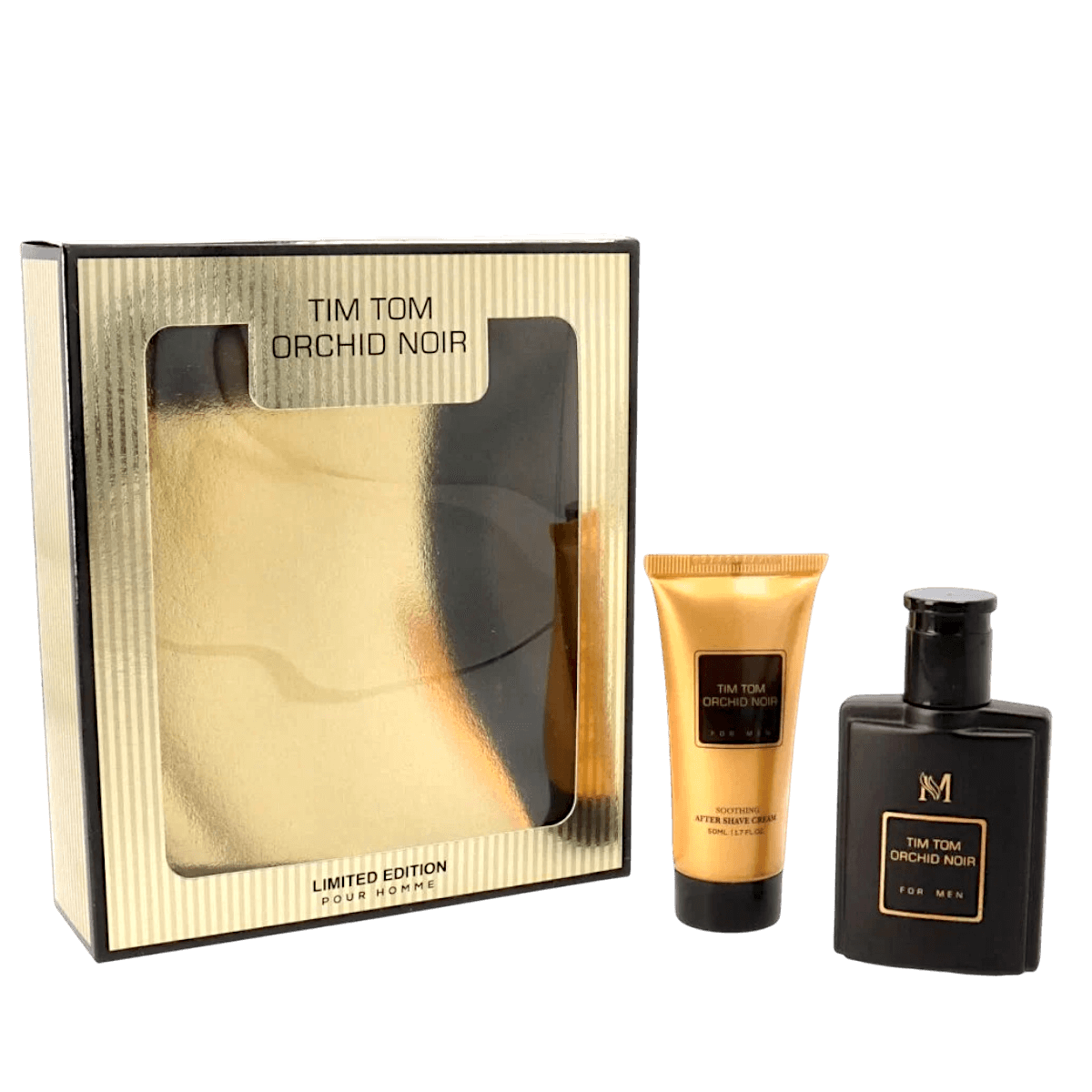 alt="Tim Tom Orchid Noir Coffret - Conjunto inspirado no perfume Black Orchid - Tom Ford, com perfume genérico e creme after shave, perfeito como presente especial ou para uso próprio."