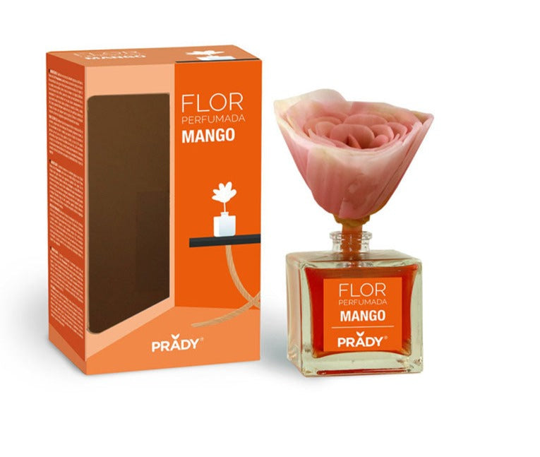 Flor com fragrância de manga com notas de pêssego, e mel;  Longa duração 5 semanas;  Modo de Usar: Insira a flor na garrafa, ela mudará de cor à medida que infunde o líquido;